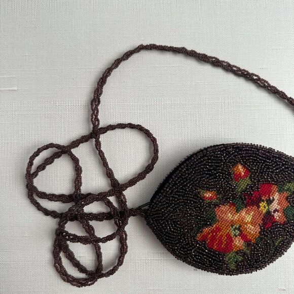 Vintage Beaded and Needlepoint Crossbody Coin Purse with Floral Design & Beaded - Picture 6 of 8